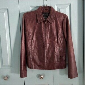Y2K Harold’s Womens Genuine Leather Zip Up Fitted Jacket XS Brown/Red